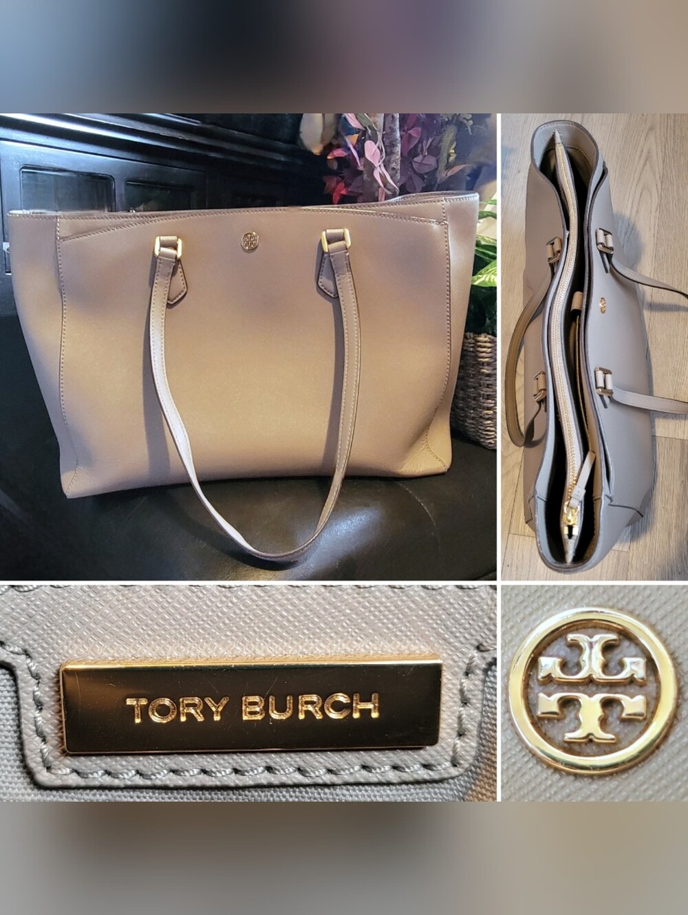 Tory Burch Robinson Saffiano Gray Heron Taupe Leather Shoulder Tote Bag, 21"x15"